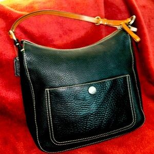 HP. Coach Chelsea, black leather tote 11”x12”x3” br. Leather handle tag